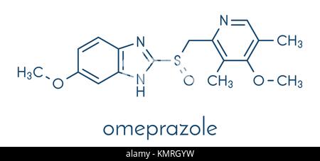 L'omeprazole de dyspepsie et d'ulcère gastroduodénal (médicament inhibiteur de la pompe à protons) molécule. formule topologique. Illustration de Vecteur