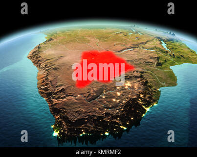 Matin, au-dessus le Botswana a souligné en rouge sur le modèle de la planète Terre dans l'espace. 3D illustration. Éléments de cette image fournie par la NASA. Banque D'Images