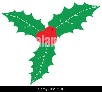 Rouge des baies de houx de Noël avec des feuilles vertes isolé sur fond blanc. Ornement de Noël traditionnel des symboles et en eps10 vector Banque D'Images