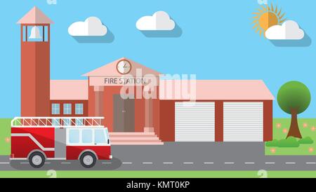 Modèle plat vector illustration of fire station building et garé un camion à incendie dans l'appartement de style design, illustration vectorielle. Illustration de Vecteur