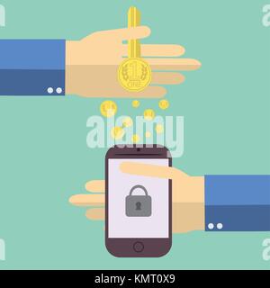 Modèle plat vector illustration moderne de la main de l'homme faire de l'argent transférer à votre téléphone mobile, sur un fond de couleur. Illustration de Vecteur