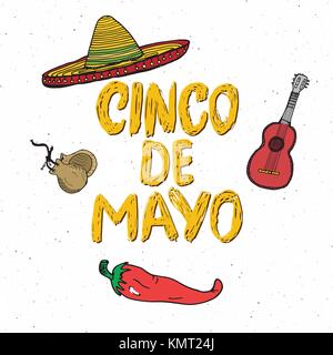 Heureux Le Cinco de Mayo carte de souhaits part lettrage. maison de vacances mexicaines. vector illustration isolé sur fond blanc Illustration de Vecteur