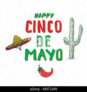 Heureux Le Cinco de Mayo carte de souhaits part lettrage. maison de vacances mexicaines. vector illustration isolé sur fond blanc Illustration de Vecteur