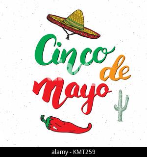 Heureux Le Cinco de Mayo carte de souhaits part lettrage. maison de vacances mexicaines. vector illustration isolé sur fond blanc Illustration de Vecteur