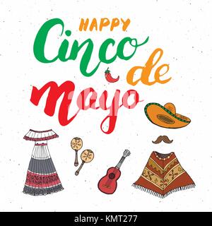 Heureux Le Cinco de Mayo carte de souhaits part lettrage. maison de vacances mexicaines. vector illustration isolé sur fond blanc Illustration de Vecteur