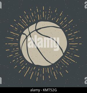 Étiquette vintage dessinés à la main, balle de basket-ball, sketch, grunge textured badge design rétro, typographie, t-shirt print illustration vectorielle. Illustration de Vecteur