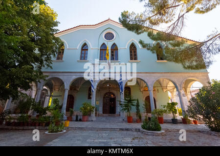 Église pittoresque à Agiasos situé au sud de l'île de Lesbos et célèbre pour les pittoresques rues pavées et bâtiments Banque D'Images