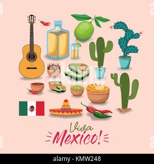Viva Mexico affiche colorée avec des éléments traditionnels mexicains Illustration de Vecteur