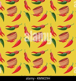 Chili Peppers et bol motif dans le fond jaune Illustration de Vecteur
