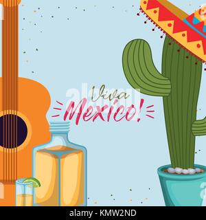 Viva Mexico affiche colorée avec guitare et cactus et bouteille de tequila Illustration de Vecteur