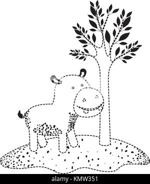 Caricature d'hippopotame à côté de l'arbre en silhouette en pointillé noir Illustration de Vecteur