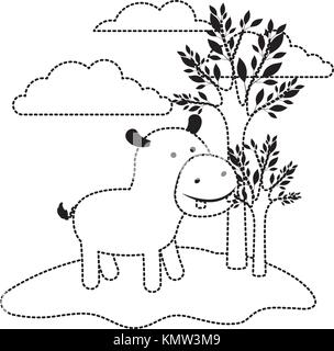 Caricature d'hippopotame dans une scène avec arbres et nuages en noir parsemée d'ossature Illustration de Vecteur