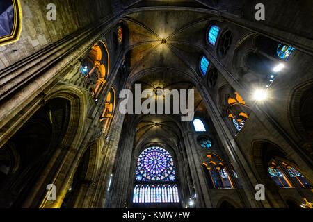 L'intérieur de la Cathédrale Notre Dame de Paris France montrant la rose et d'autres petits vitraux mis en évidence par l'Éclairage dramatique Banque D'Images