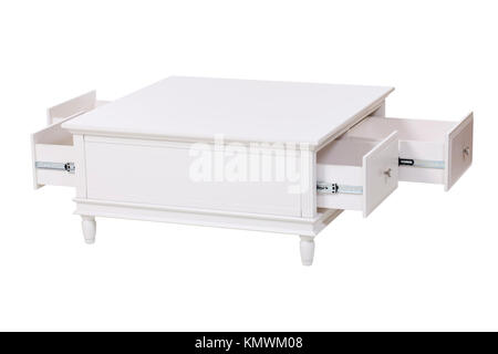 Support en bois blanc avec tiroirs ouverts plus de blanc. With clipping path. Banque D'Images