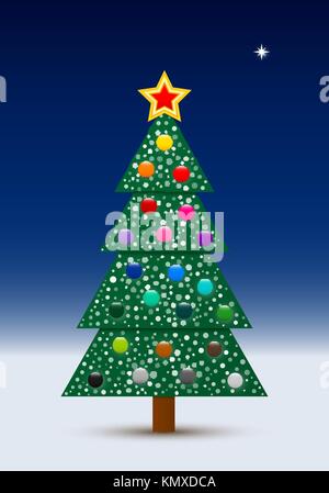 Arbre de Noël décoré de scénario avec des boules de neige et dans la nuit claire avec une étoile du nord. Illustration de Vecteur