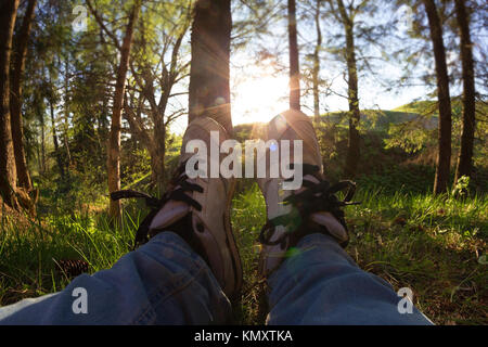 Femme jambes dans sneaker. jeter sur l'herbe verte Banque D'Images