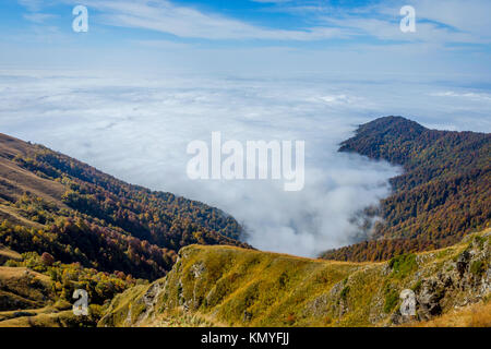 La mer de nuages au-dessus des montagnes dans le parc national de Lagodekhi, Géorgie Banque D'Images