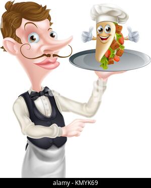 Serveur de pointage tenant Kebab Mascot Illustration de Vecteur