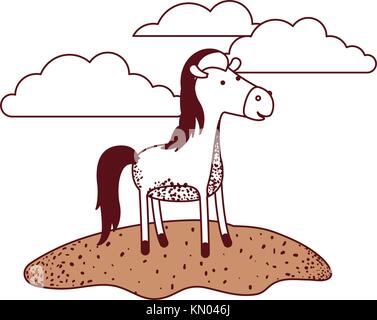 Caricature de cheval dans une scène avec des nuages en couleur articles silhouette Illustration de Vecteur