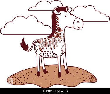 Zebra cartoon dans une scène avec des nuages en couleur articles silhouette Illustration de Vecteur