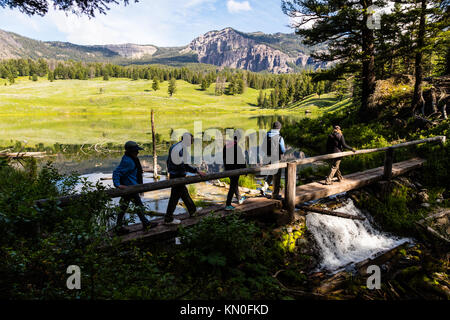 Les touristes font de la randonnée au-dessus du lac Trout pendant l'été au parc national de Yellowstone le 30 juin 2017 dans le Wyoming. (Photo de Jacob W. Frank via Planetpix) Banque D'Images