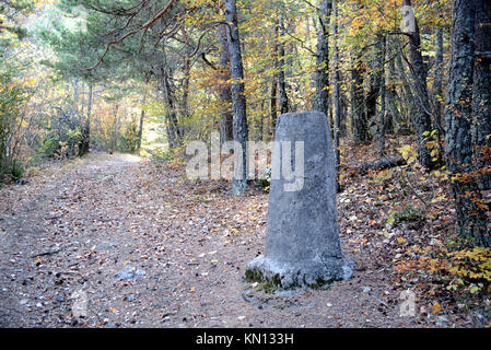 Étape romaine sur la voie romaine, la voie de la forêt maintenant, Voie des Alpes, (211-217MA) Marcus Aurelius dédiée, Senez, Parc Régional du Verdon, Provence France Banque D'Images