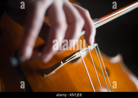 Jouer et tester Pegasus violoncelle à Crémone en Italie par luthier luthier Vladimiro Cubanzi de La Casa del Violino Banque D'Images
