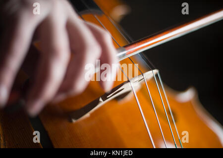 Jouer et tester Pegasus violoncelle à Crémone en Italie par luthier luthier Vladimiro Cubanzi de La Casa del Violino Banque D'Images