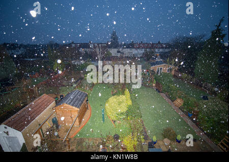 Merton, Londres, Royaume-Uni. 10 Décembre, 2017. Matin, la neige qui tombe sur le sol humide dans le sud ouest de Londres comme l'aube, la première neige d'automne en hiver 2017 localement. Credit : Malcolm Park/Alamy Live News. Banque D'Images