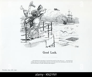 Bonne chance, 1910 caricature de JM Staniforth sur le départ de Terra Nova de Cardiff pour le 15 juin, le navire du capitaine Scott sur sa voie à la malheureuse expédition au Pôle Sud Banque D'Images