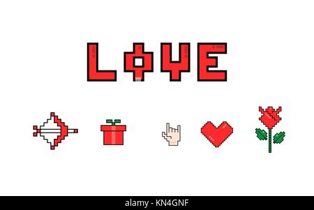 Happy valentines day. Pixel 8 bits icônes de message d'amour sur fond blanc Illustration de Vecteur