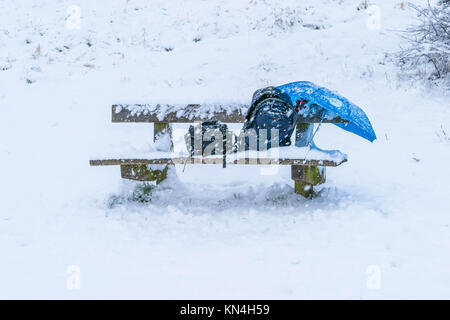 Banc en bois chaise dans un parc couvrir complètement avec de la neige après une tempête de neige pendant l'hiver, vacances de Noël, un sac à dos, parapluie, Sac trépied de l'appareil photo et un petit sac sur la chaise. Banque D'Images