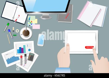 Vue de dessus de l'office de bureau avec les fournitures de bureau. Les mains sont holding a tablet et doigt touche un bouton rouge commander maintenant sur l'écran de tablette. Illustration de Vecteur