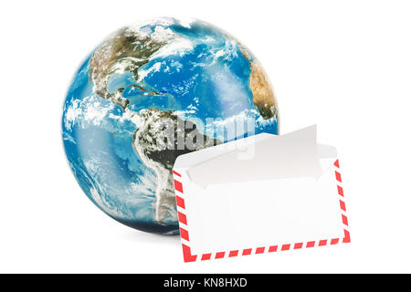 Globe terrestre avec enveloppe et lettre ouverte à l'intérieur. Concept Courrier International, rendu 3D Banque D'Images