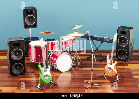 Ensemble de divers instruments de musique et d'équipements en chambre sur le plancher en bois, 3D Rendering Banque D'Images