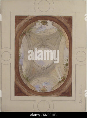 Il s'agit d'une conception du XVIIe siècle pour un plafond en trompe l'oeil dans une salle à manger d'hôtel. Il démontre des techniques visuelles complexes pour créer un effet décoratif illusoire et est conservé pour l'étude et l'exposition au musée. Banque D'Images