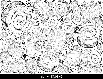 Main background illustration croquis d'un gâteau de Noël traditionnel, gâteau ou bûche buche de noel pour la célébration de Noël, isolated on white Illustration de Vecteur