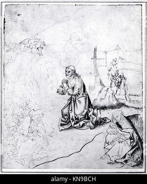 Cette peinture, « agonie dans le jardin », représente le Christ priant dans le jardin de Gethsémani, illustrant une scène biblique du XVIIe siècle et un contexte de dévotion chrétienne. Banque D'Images