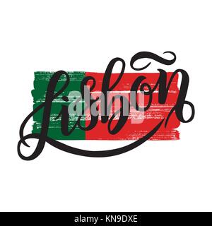 Lettrage de Lisbonne avec drapeau national, le Portugal. emblème isolé sur blanc. black label ou logo. Super pour t-shirts, carte postale ou de l'affiche. Illustration de Vecteur