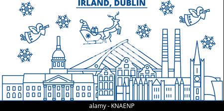 Irlande Dublin, ville d'hiver. joyeux noël, bonne année bannière décorée avec le père noël.message d'hiver Carte de ligne.télévision, contours.vecteur illustration de noël neige linéaire Illustration de Vecteur