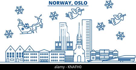 La Norvège, Oslo ville d'hiver. joyeux noël, bonne année bannière décorée avec le père noël.message d'hiver Carte de ligne.télévision, contours.vecteur illustration de noël neige linéaire Illustration de Vecteur