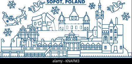 Pologne, Sopot ville d'hiver. joyeux noël, bonne année bannière décorée avec le père noël.message d'hiver Carte de ligne.télévision, contours.vecteur illustration de noël neige linéaire Illustration de Vecteur