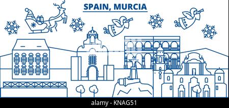 L'Espagne, murcia ville d'hiver. joyeux noël, bonne année bannière décorée avec le père noël.message d'hiver Carte de ligne.télévision, contours.vecteur illustration de noël neige linéaire Illustration de Vecteur