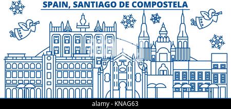 L'Espagne, Santiago de Compostela sur la ville d'hiver. joyeux noël, bonne année bannière décorée avec le père noël.message d'hiver Carte de ligne.télévision, contours.vecteur illustration de noël neige linéaire Illustration de Vecteur