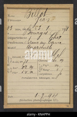 Portrait de Jean Billot, anarchiste de 23 ans et tireur professionnel de Bourges, cher, reflétant l'identité sociopolitique de la fin du XIXe siècle. Banque D'Images