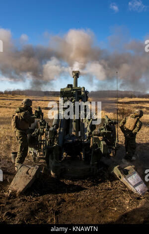 Les Marines américains avec l'Inde Batterie, 3e Bataillon 12e Régiment de Marines Fire un tour d'artillerie de 155mm à partir d'un M777 à l'appui de l'Artillerie de la formation (Programme de réinstallation l'ARTP) 17-3 à l'Yausubetsu Zone d'entraînement aux Manœuvres, Hokkaido, Japon, le 30 novembre 2017. L'ARTP est un exercice annuel conçu pour aider à soutenir et à améliorer les compétences professionnelles et l'incendie, compétences communes ainsi qu'à promouvoir l'éducation militaire professionnelle pour l'objectif global d'améliorer l'état de préparation opérationnelle de combat et relations internationales. (U.S. Marine Corps Banque D'Images