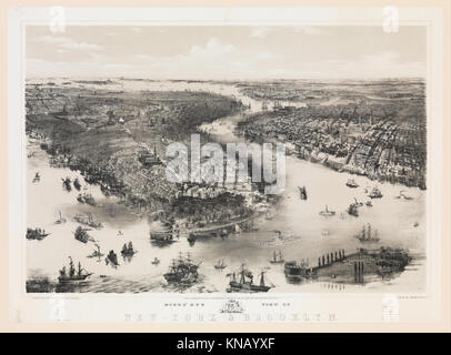 Cette lithographie de 1851 de John Bachmann montre une vue plongeante de New York et Brooklyn, illustrant l'aménagement urbain, l'architecture et les détails du paysage urbain du XIXe siècle. Banque D'Images