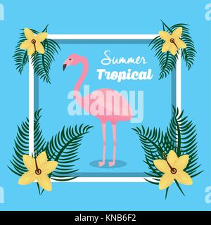 Flamingo tropical d'été avec des fleurs Décoration du châssis Illustration de Vecteur