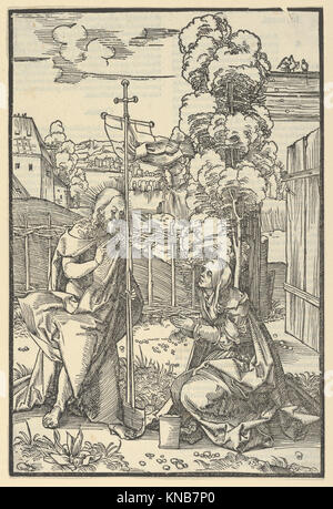 Cette illustration de Speculum Passionis représente le Christ apparaissant à Marie-Madeleine, mettant en évidence la scène biblique de Noli me tangere et l’iconographie chrétienne de la résurrection. Banque D'Images