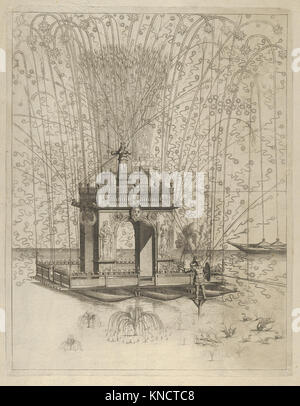 Cette œuvre montre un feu d'artifice sur un arc de triomphe sur des pontons, mettant en vedette des symboles de Louis XIV et illustrant la grandeur baroque française. Banque D'Images